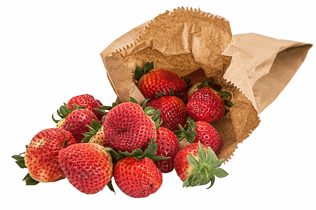 strawberries, fresh fruit, fruit, red, nature, cute, yummy, meal, berry fruit, vegetarian, berry, wrapping paper, bag, brown, isolated