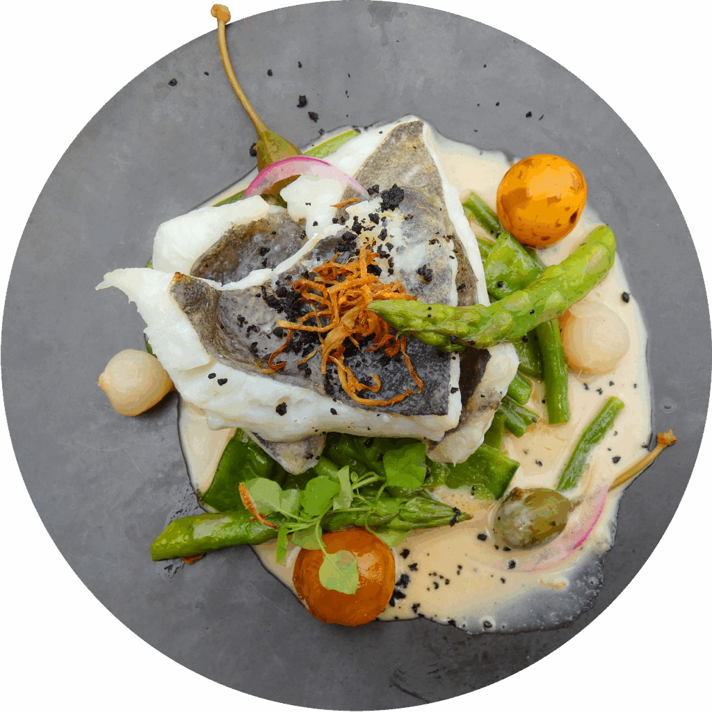 food, dish, cutout, fish, vegetables, asparagus, cuisine, nutrition